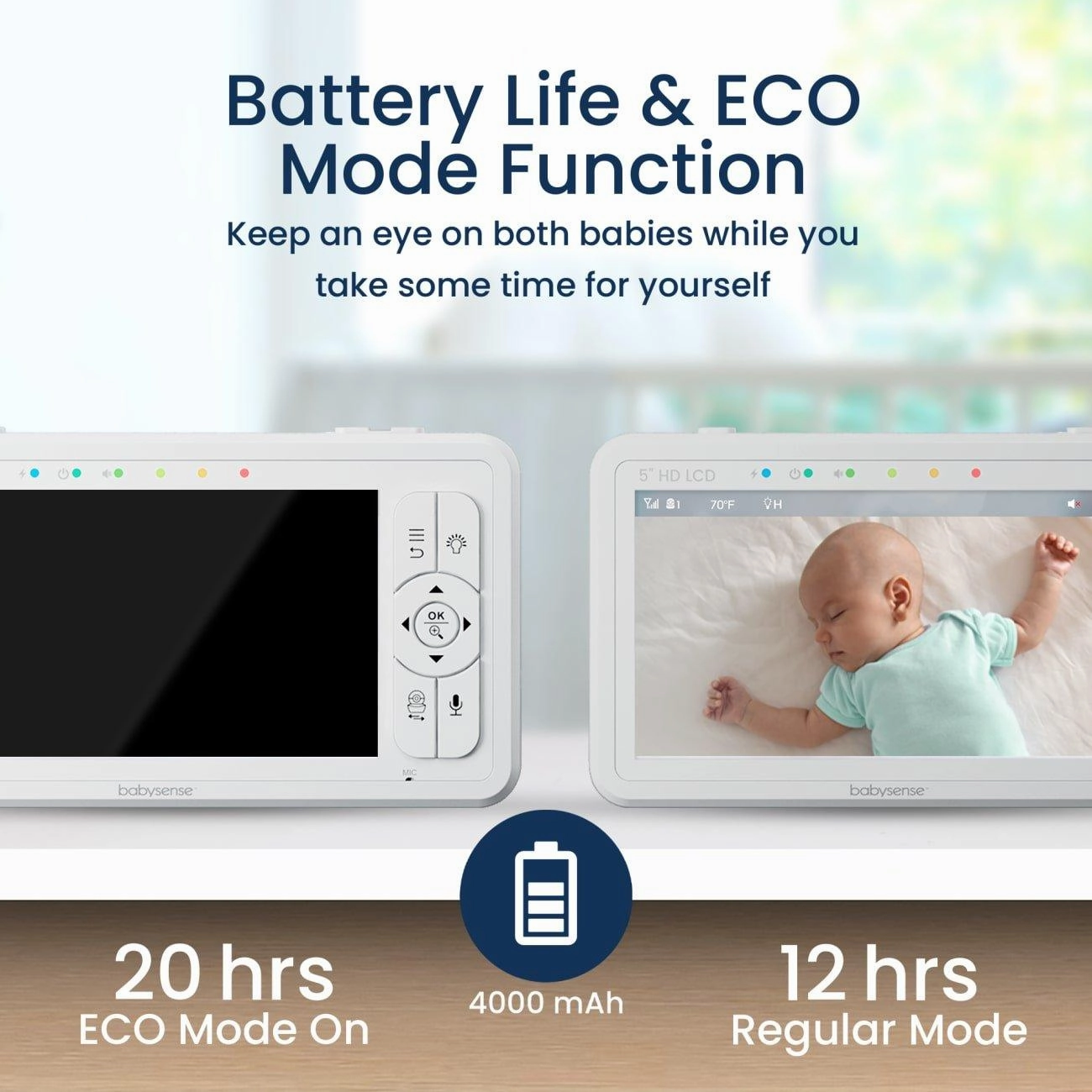 Babysense HD S2: Video Baby Monitor with 2 Cameras. Non Wifi. Split Screen & Night Light Machine