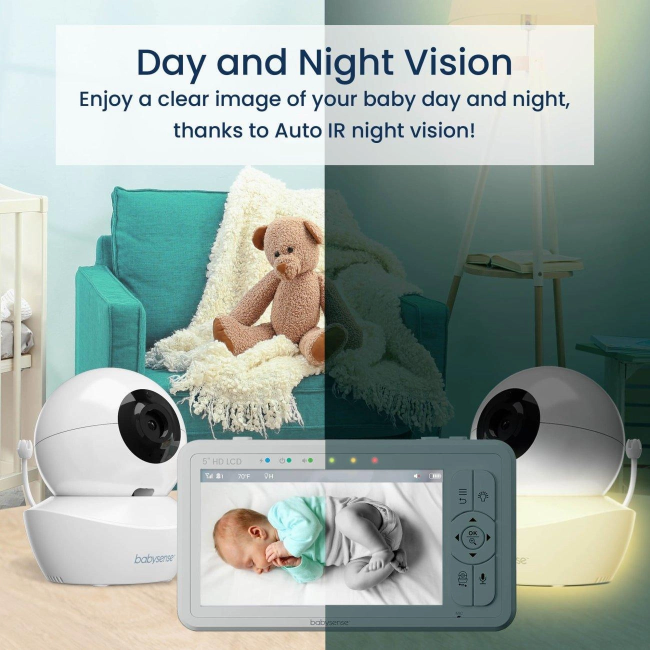 Babysense HD S2: Video Baby Monitor with 2 Cameras. Non Wifi. Split Screen & Night Light Machine