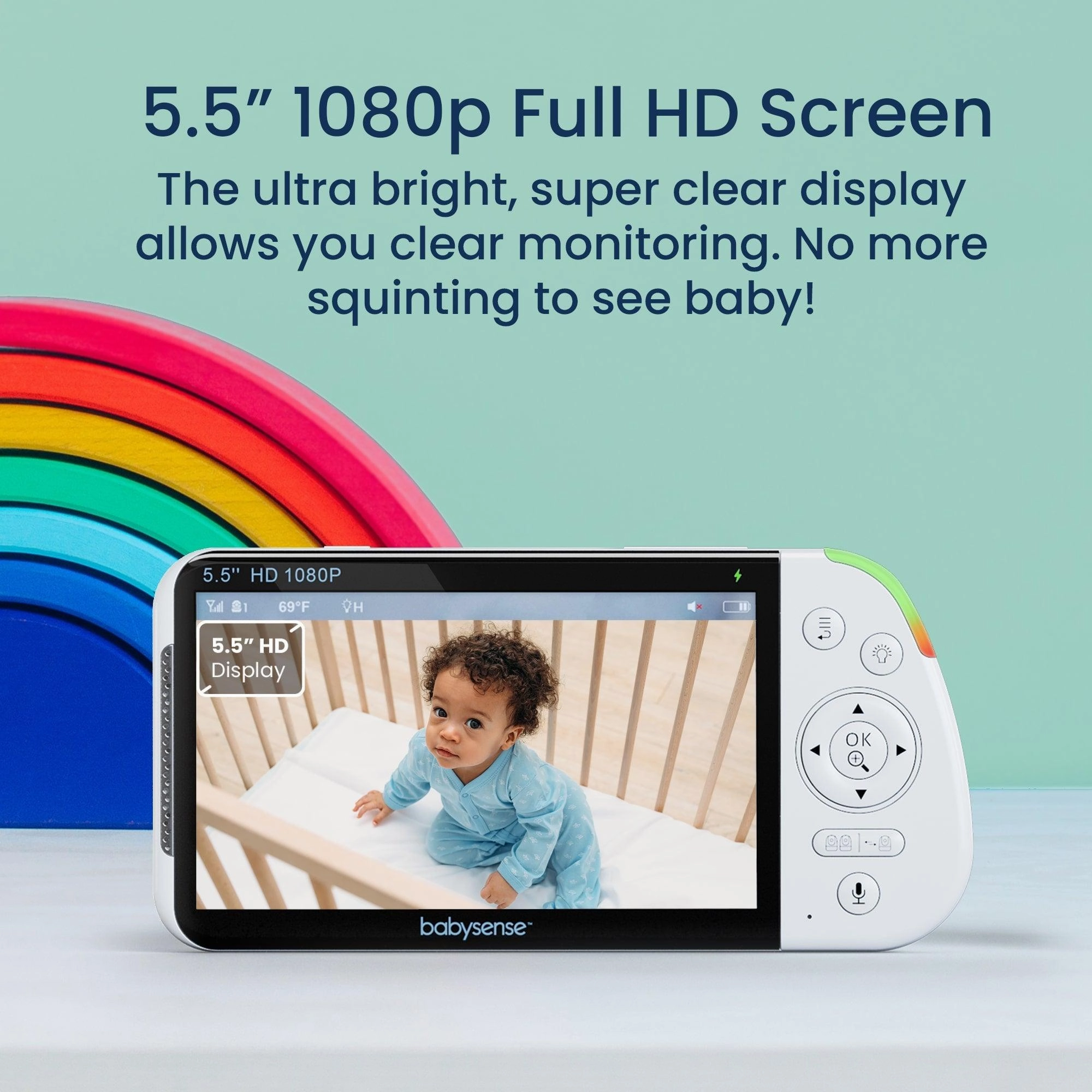 Babysense Max View: Video Baby Monitor with 2 Cameras. Non Wifi. Split Screen. Night Light & Sound Machine