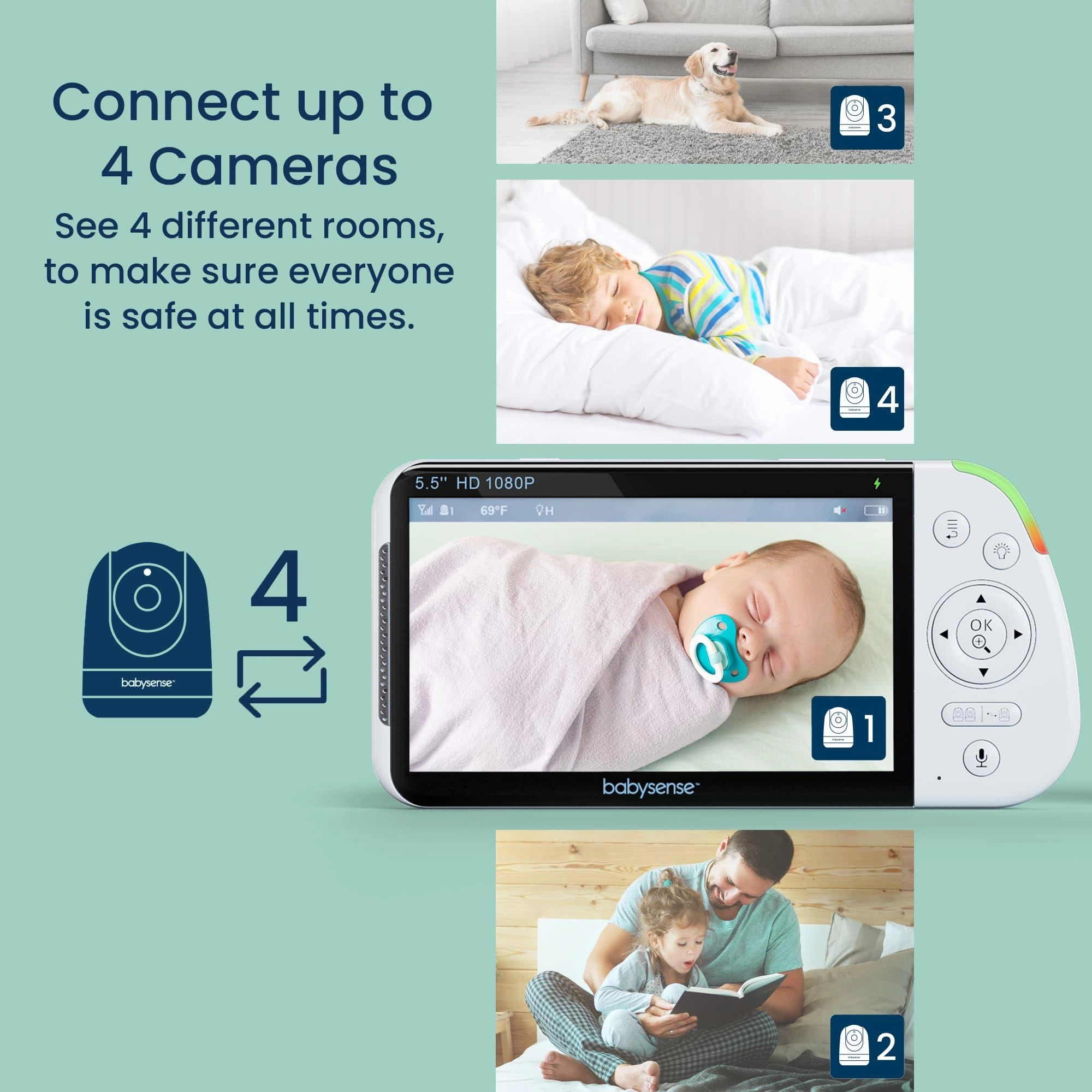 Babysense Max View: Video Baby Monitor with 2 Cameras. Non Wifi. Split Screen. Night Light & Sound Machine