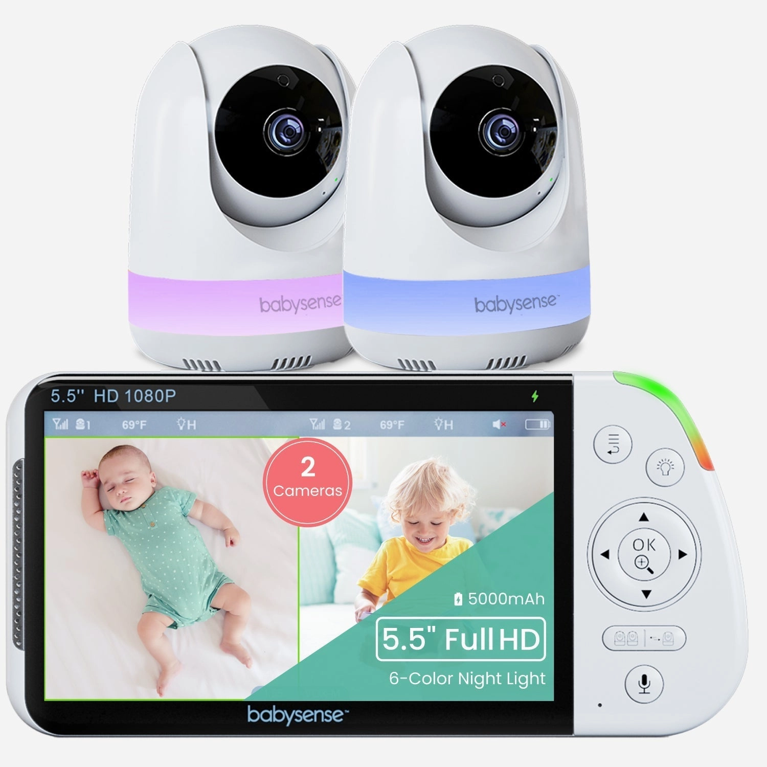 Babysense Max View: Video Baby Monitor with 2 Cameras. Non Wifi. Split Screen. Night Light & Sound Machine