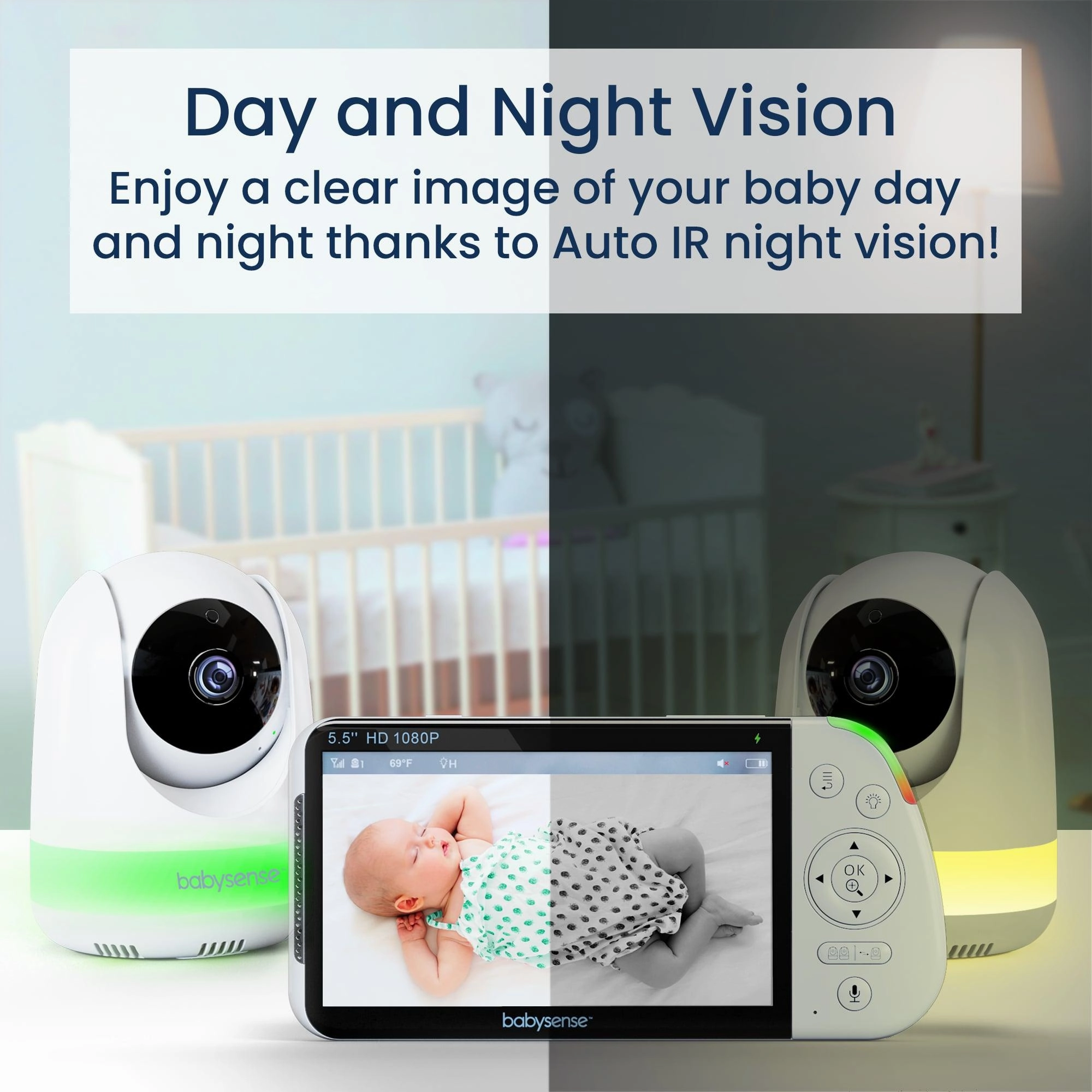 Babysense Max View: Video Baby Monitor with 2 Cameras. Non Wifi. Split Screen. Night Light & Sound Machine