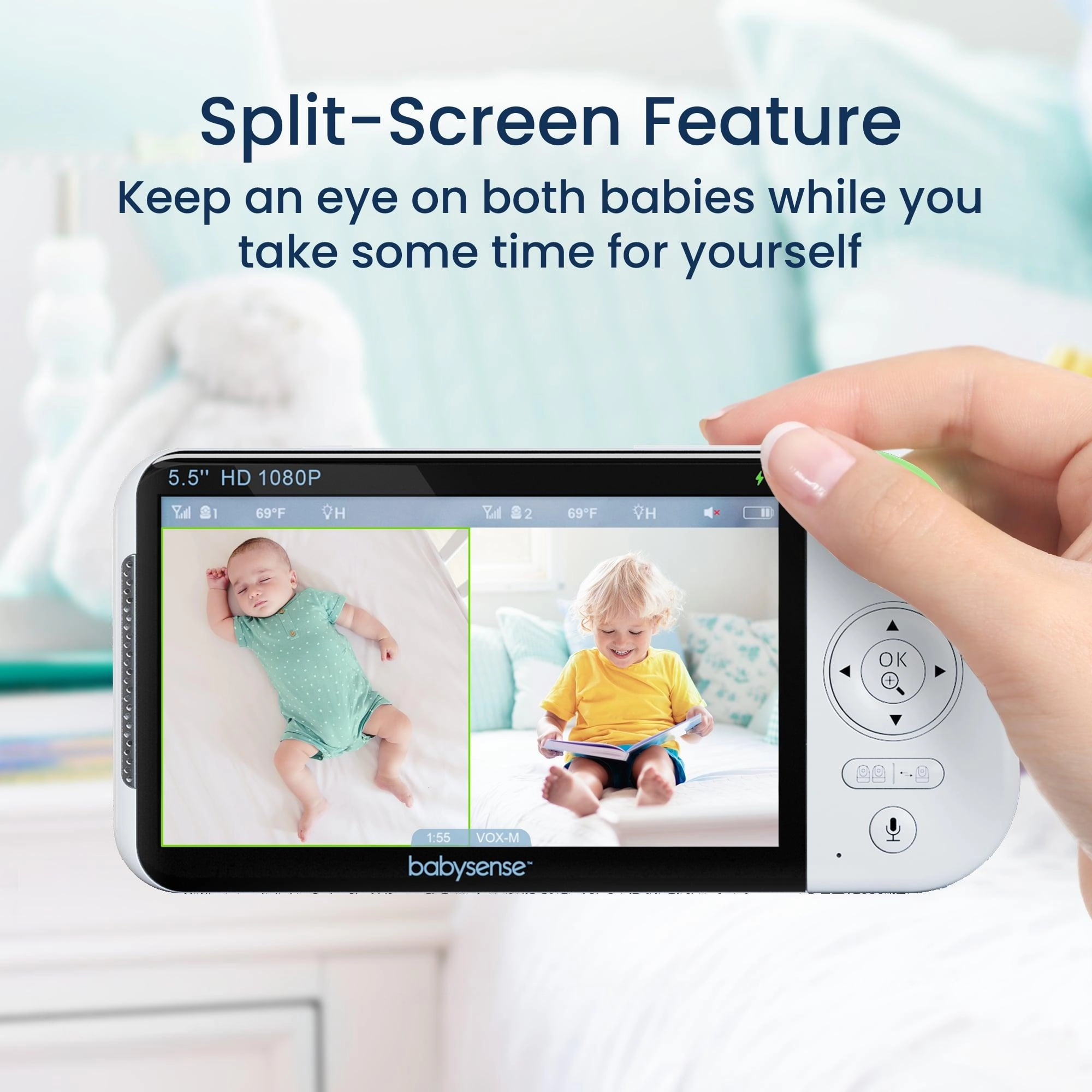 Babysense Max View: Video Baby Monitor with 2 Cameras. Non Wifi. Split Screen. Night Light & Sound Machine
