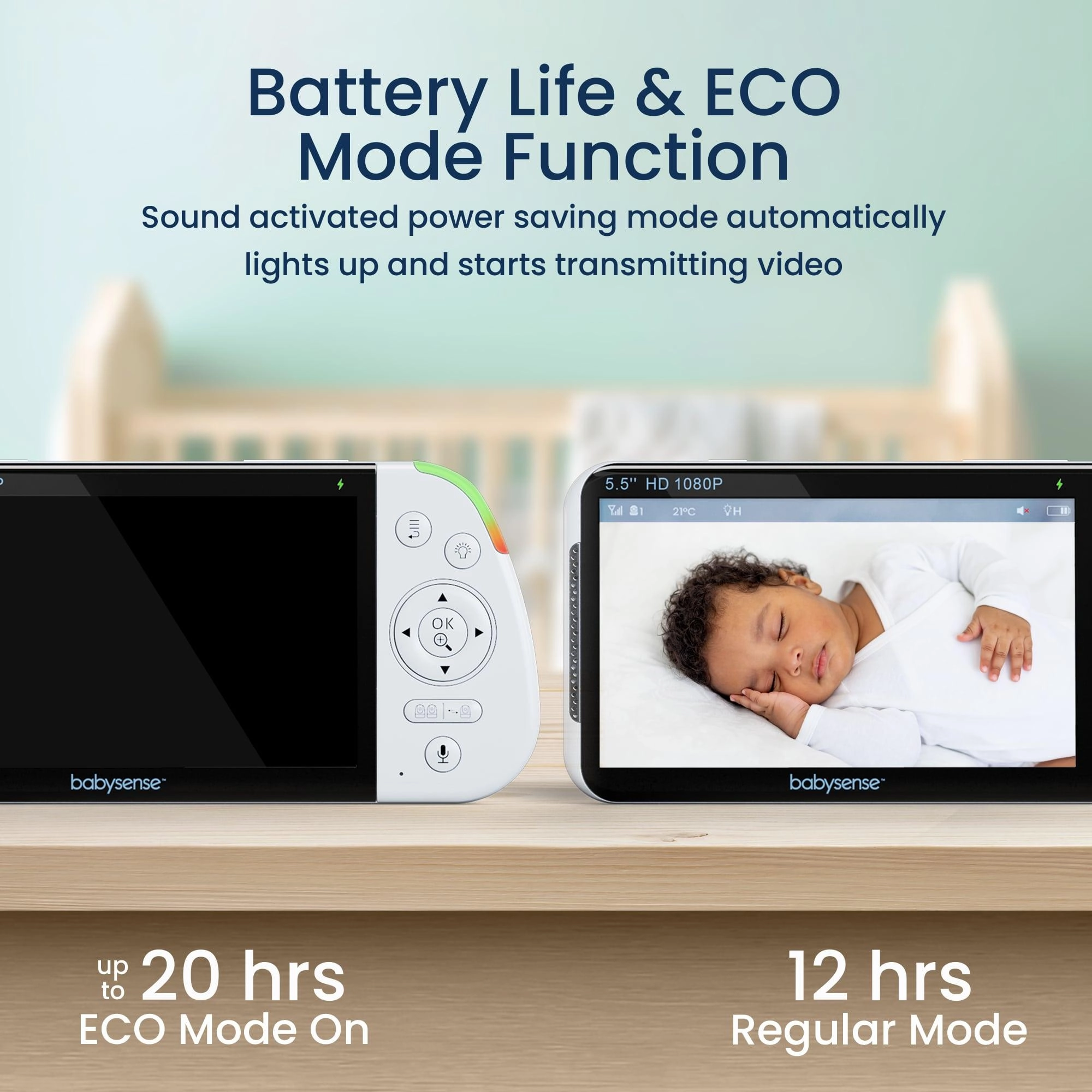 Babysense Max View: Video Baby Monitor with 2 Cameras. Non Wifi. Split Screen. Night Light & Sound Machine