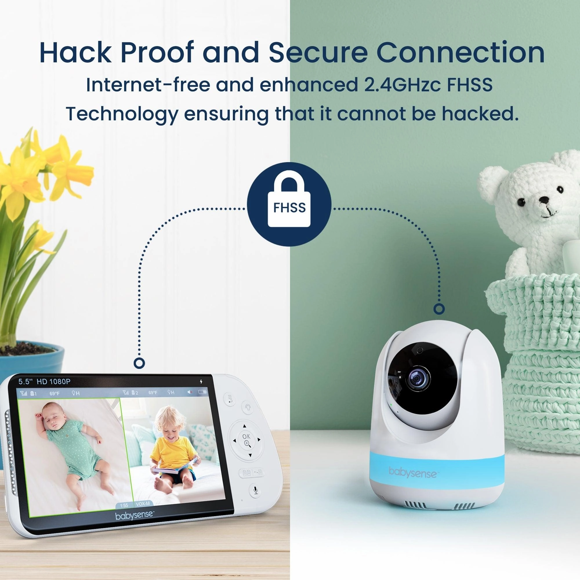 Babysense Max View: Video Baby Monitor with 2 Cameras. Non Wifi. Split Screen. Night Light & Sound Machine