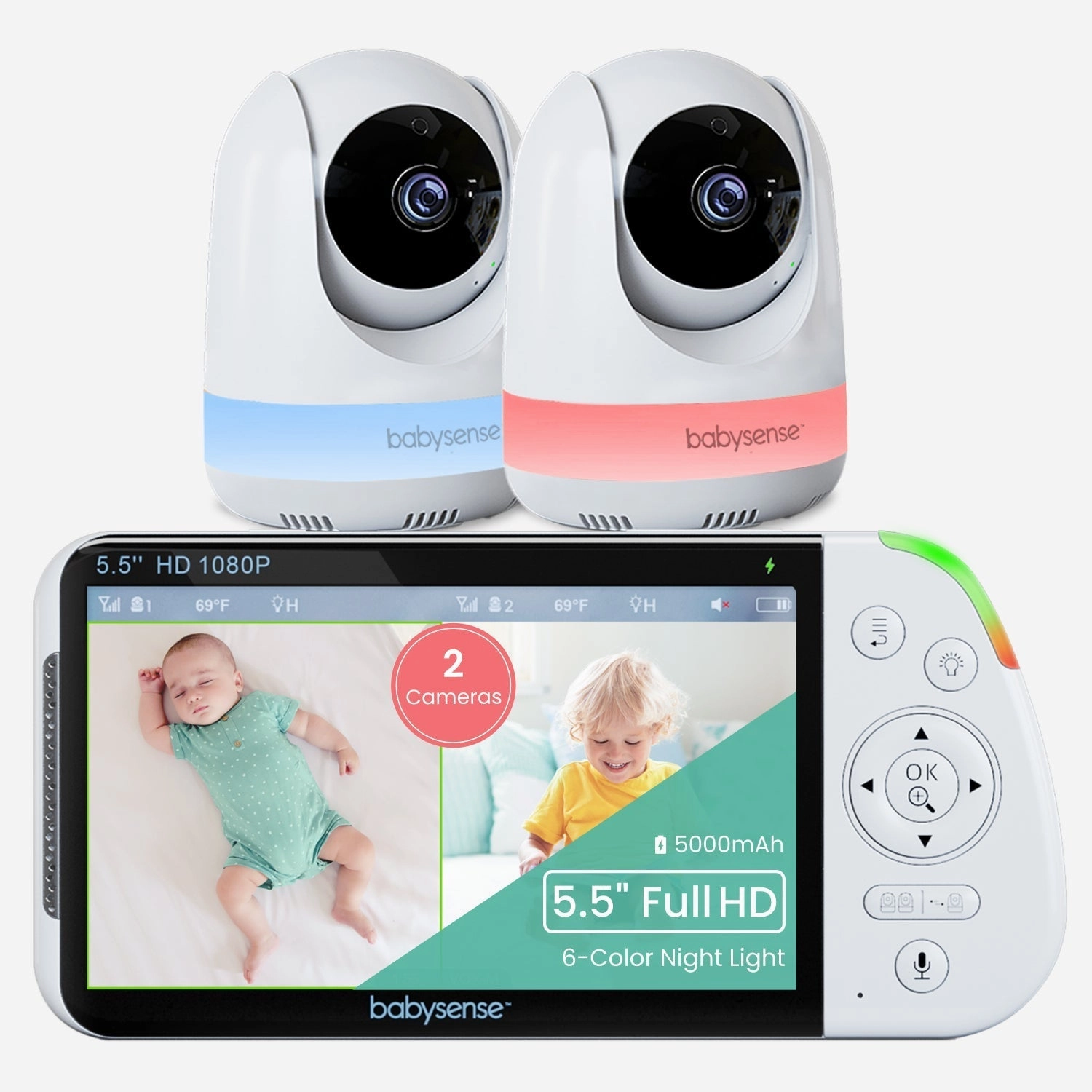 Babysense Max View: Video Baby Monitor with 2 Cameras. Non Wifi. Split Screen. Night Light & Sound Machine