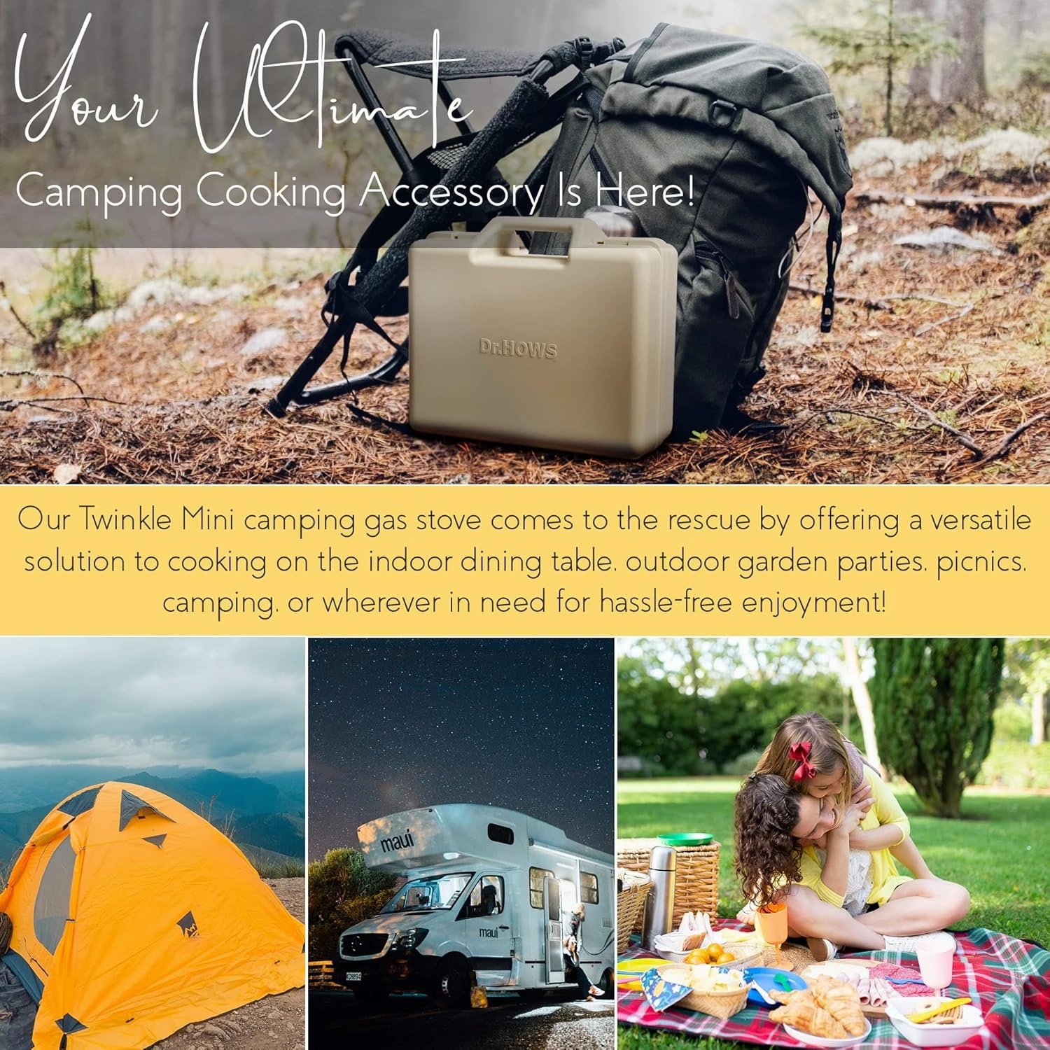 Dr.HOWS Twinkle Mini Camping Stove Burner - Portable Butane Stove for Camping. Picnic. Outdoor - Single Burner Camp Stove with Carrying Case - Lemon