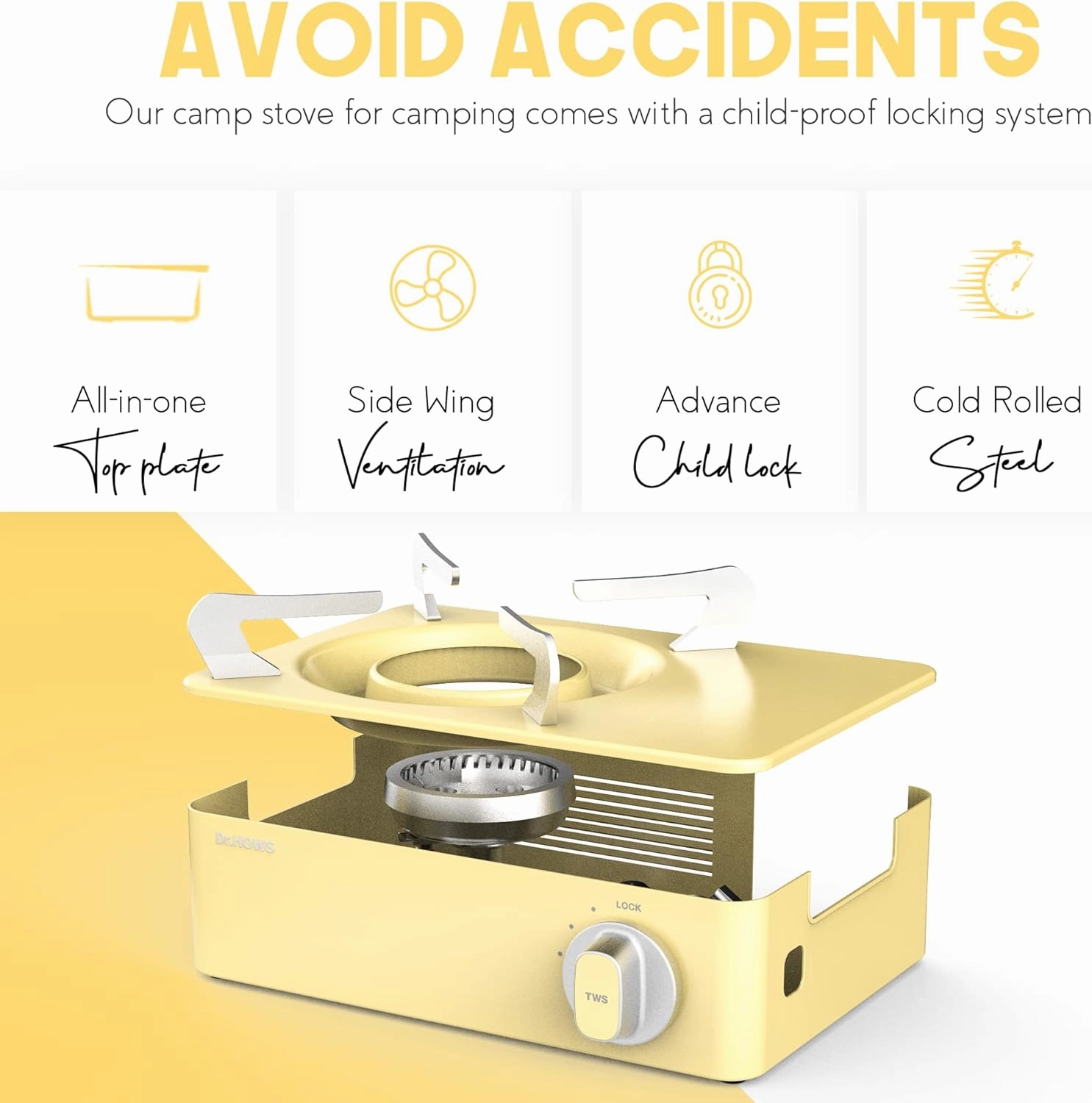 Dr.HOWS Twinkle Mini Camping Stove Burner - Portable Butane Stove for Camping. Picnic. Outdoor - Single Burner Camp Stove with Carrying Case - Lemon
