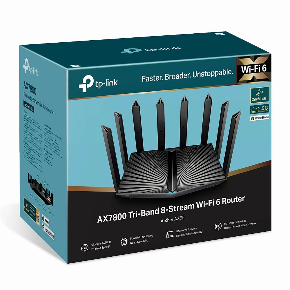 Tp-Link Router - Archer AX95 - Wired - 2.5Gbps - Gigabit Ethernet - Networking / Ports Qty: 5 - 2.4 GHz;5 GHz;6GHz - 1.7GHz